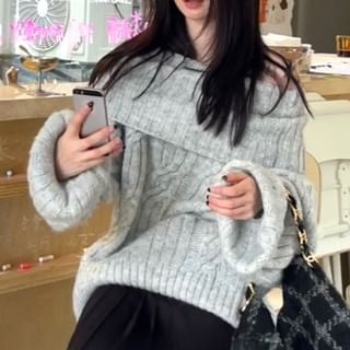 ISSOL-Off-Shoulder Plain Cable Knit Sweater