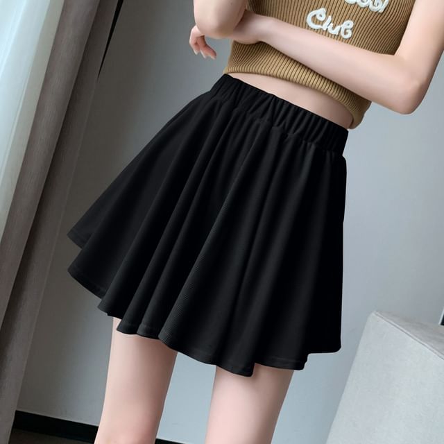 Dovitade-Elastic Waist Plain Mini Skort