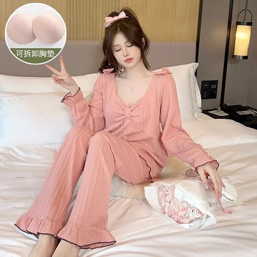 Dazzli - Pajama Set: Long-Sleeve Sweetheart-Neck Contrast Trim Bow