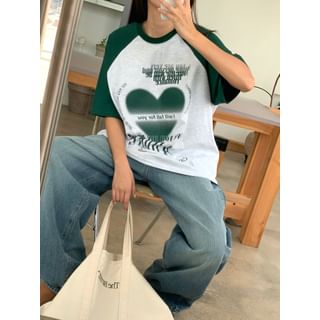 SeoulPop Short-Sleeve Two-Tone Heart Print Loose-Fit Tee Sale