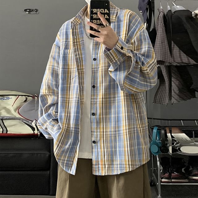 Obikan-Long Sleeve Collared Plaid Oversized Button Up Shirt