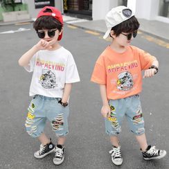 PAM - Set: Eagle Print Short-Sleeve T-Shirt + Letter Embroidered Distressed Denim Shorts PAM - Set: Eagle Print Short-Sleeve T-Shirt + Letter Embroidered Distressed Denim Shorts