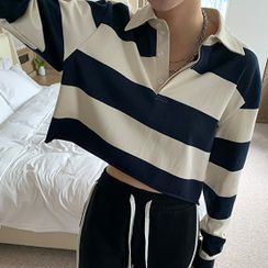 CERA - Long-Sleeve Polo-Collar Cropped Striped Sweatshirt