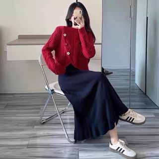 Rosy Street Maternity Mock Two-Piece Long-Sleeve Round Neck Asymmetrical Flower Button Midi A-Line