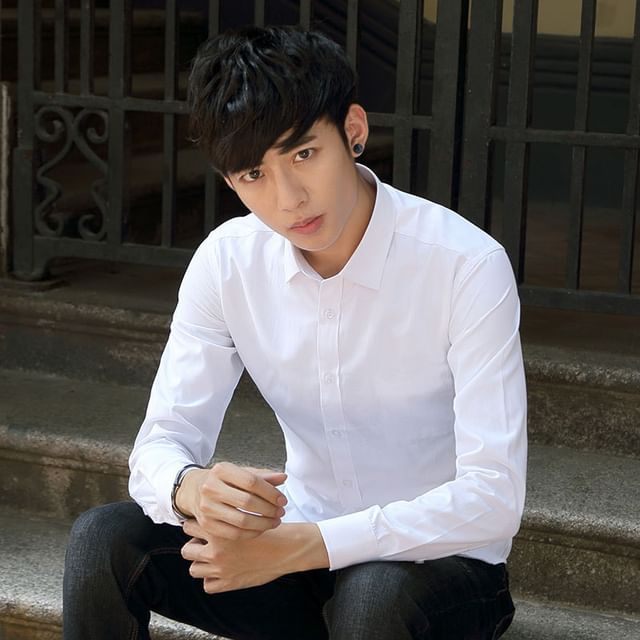 Macho-Long Sleeve Collared Plain Shirt