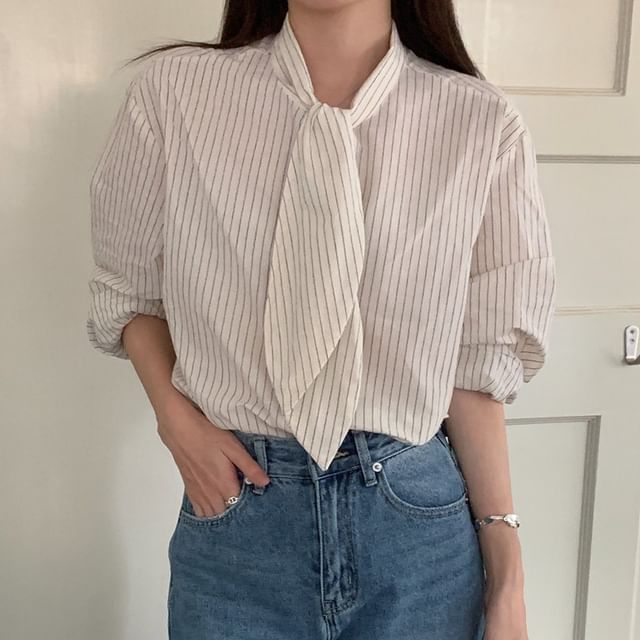 Coris-Long-Sleeve Tie-Neck Striped Blouse