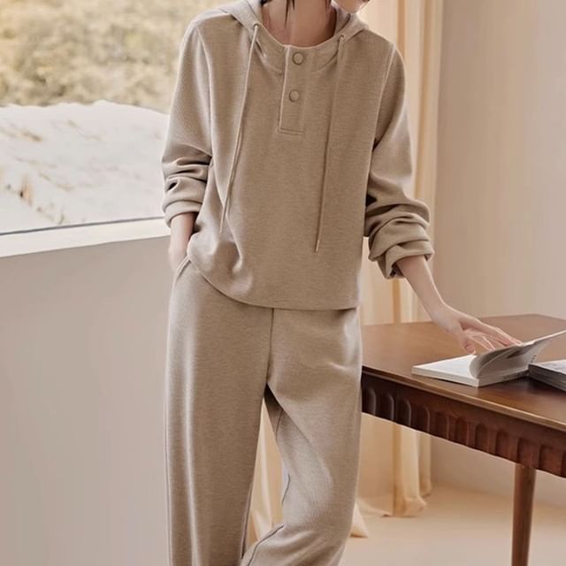 Cloud Nine-Set Half buttoned Plain Hoodie Sweatpants