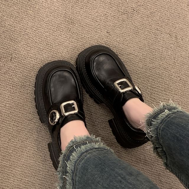 Asterisk-Platform Plain Buckled Faux Leather Shoes