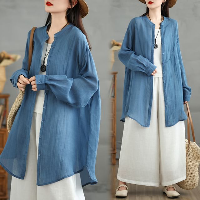 Lewwe-Long-Sleeve Stand Collar Plain Sheer Button-Up Tunic Blouse