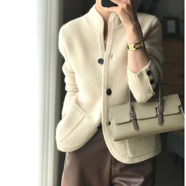 Omibayo-Mandarin Collar Plain Cardigan