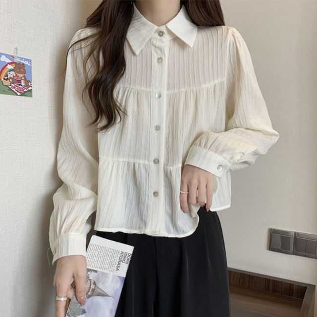 Sisyphi-Long-Sleeve Collared Button-Up Plain Blouse