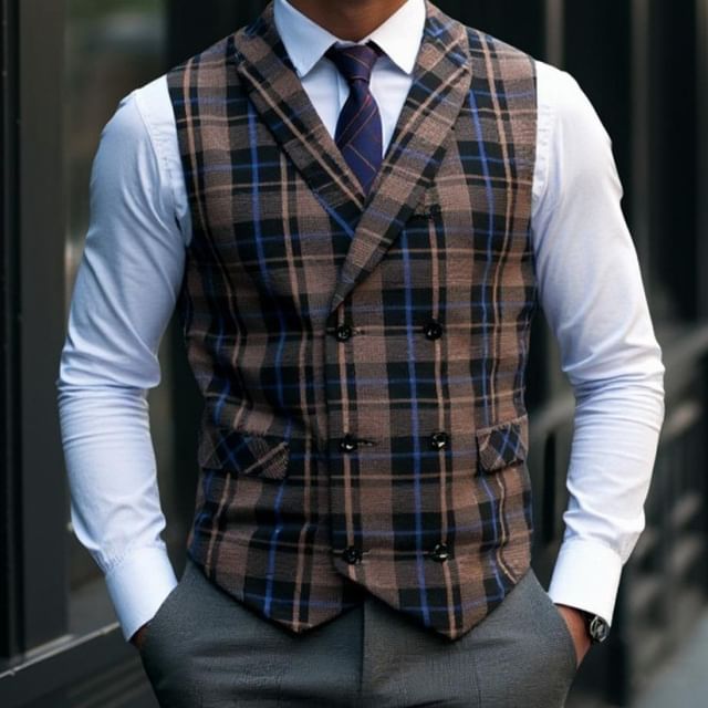 Lefitt-Shawl Collar Plaid Double-Breasted Vest