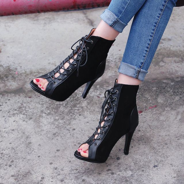 Lace Up High Heel Open Toe Ankle Boots Lace Up Peep Toe Block Heel