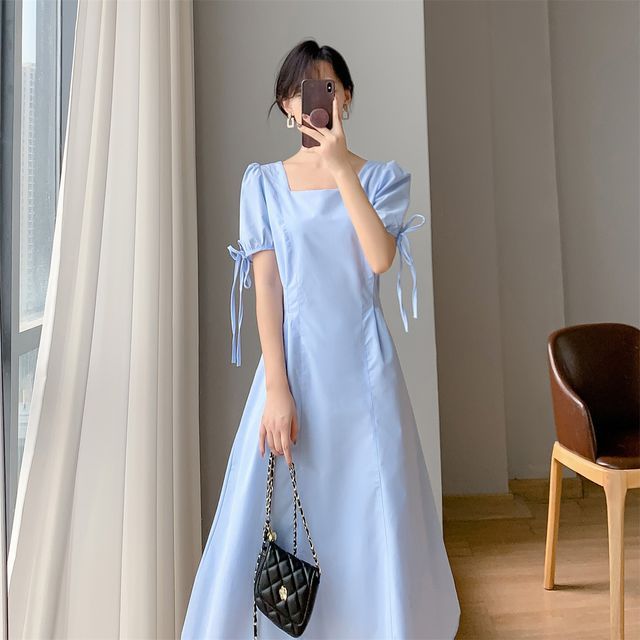 knee length dresses for ladies Plus Size Korean Square Neck Floral Midi Dress  Pluspreorder