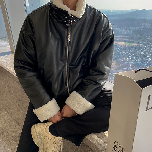 Fleece-Lined Faux Leather Jacket 
