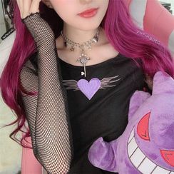 Genrovia - Fishnet Sleeves Heart Embroidery Cropped T-Shirt Genrovia - Fishnet Sleeves Heart Embroidery Cropped T-Shirt