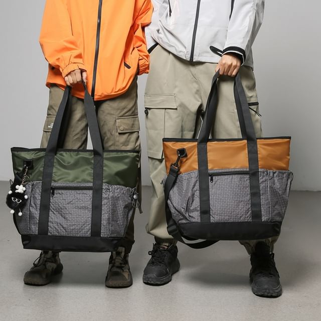 Mulgam-Plaid Panel Drawstring Tote Bag