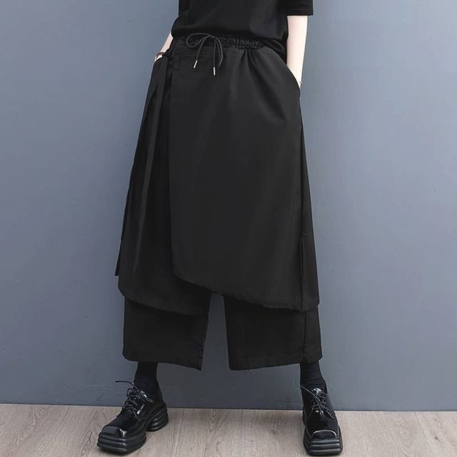 Lewwe-Drawstring Waist Plain Tie Side Slirt Overlay Cropped Wide Leg Pants