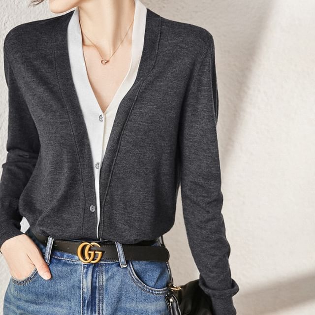 Jeonseon-V-Neck Mock Two Piece Cardigan