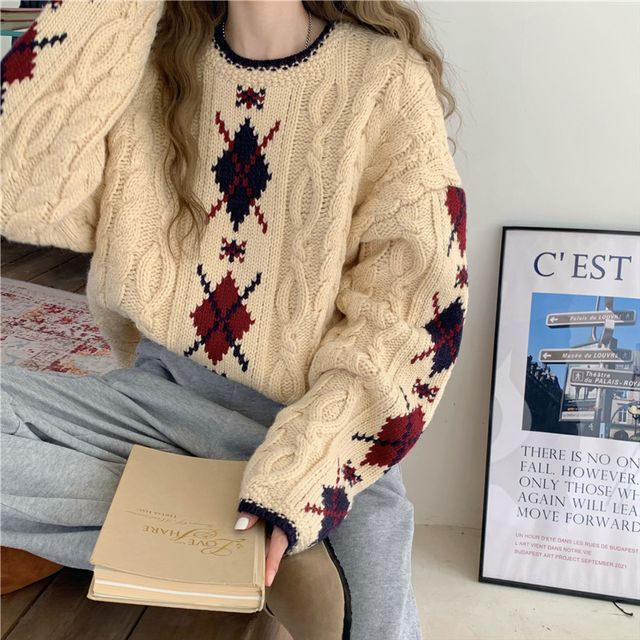 Knitted Pullover Only Elfie Pullover Alfie Argyle Cable-Knit Sweater  YesStyle