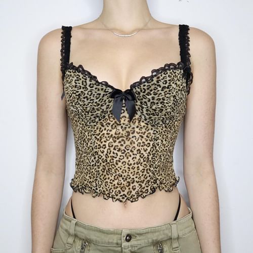 Leopard Print Lace Trim Cropped Camisole Top