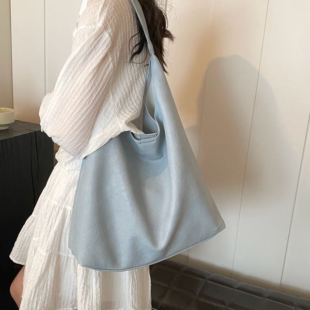 KOCORE-Plain Faux Leather Tote Bag