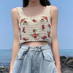 VeryBerry - Rose Embroidered Crop Knit Tank Top
