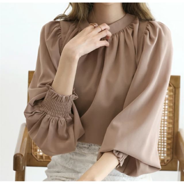 Lewwe-Long Sleeve Stand Collar Plain Gathered Blouse