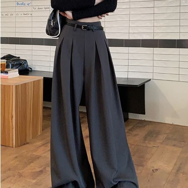Kenning-High Rise Plain Inverted Pleated Wide Leg Pants