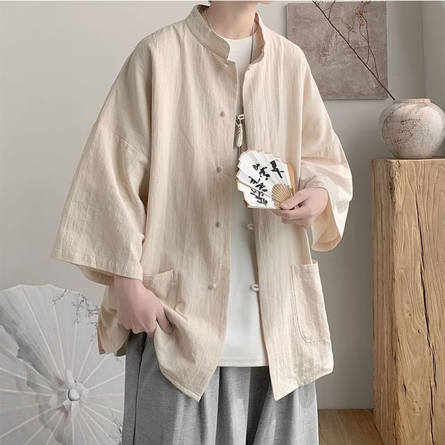 emeisa-Long-Sleeve Stand Collar Frog Buttoned Plain Shirt