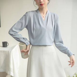 Dragan Pulse-Long Sleeve V-Neck Plain Ruched Blouse