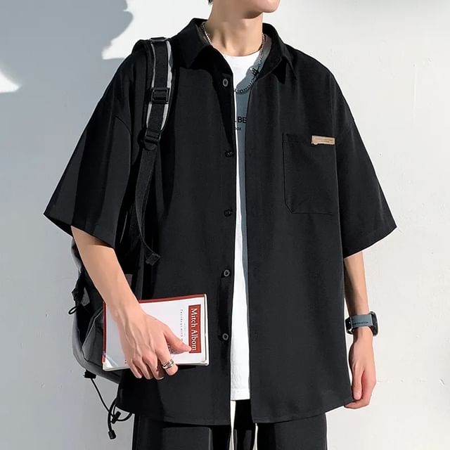 fluffush-Short-Sleeve Collared Plain Shirt
