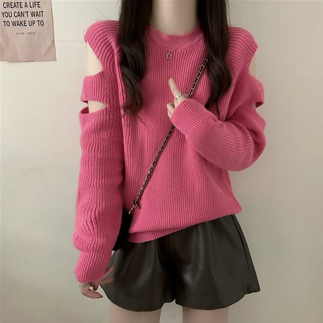 Sisyphi-Round Neck Plain Cutout Ribbed Sweater
