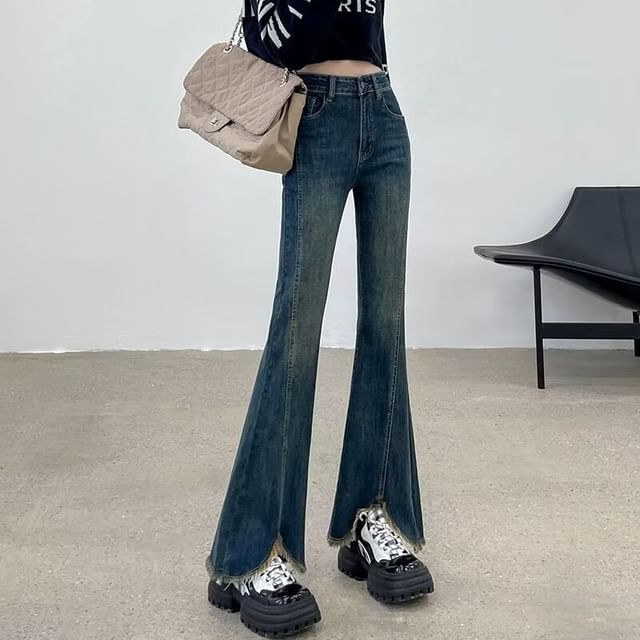 Wildfoea-High Waist Washed Frayed Flared Jeans