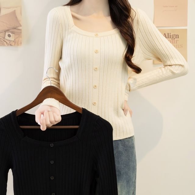 Magimomo-Long-Sleeve Square Neck Button-Up Plain Knit Top