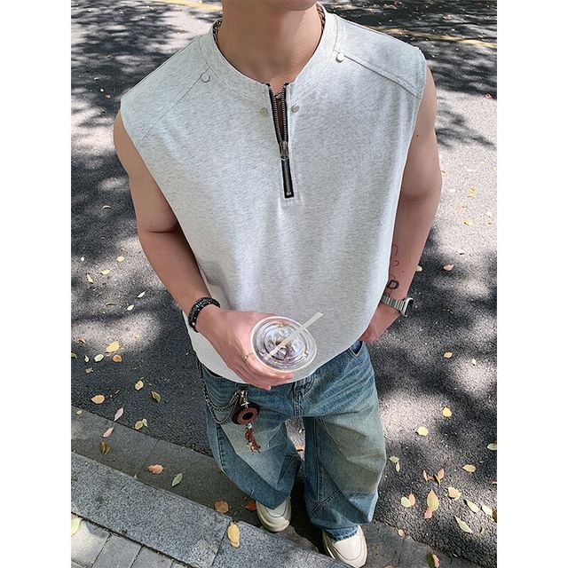 Obikan-Crew Neck Plain Half Zip Tank Top