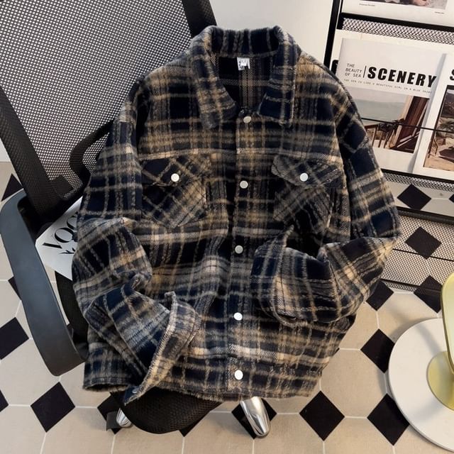 Lorencho-Plaid Pocket Detail Snap Button Shacket
