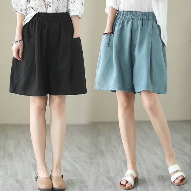 Lewwe-Elastic Waist Plain Wide Leg Shorts
