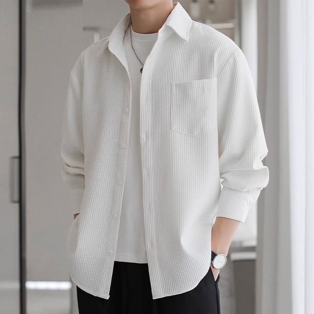 GRAYCIOUS-Long-Sleeve Plain Pocket Detail Shirt