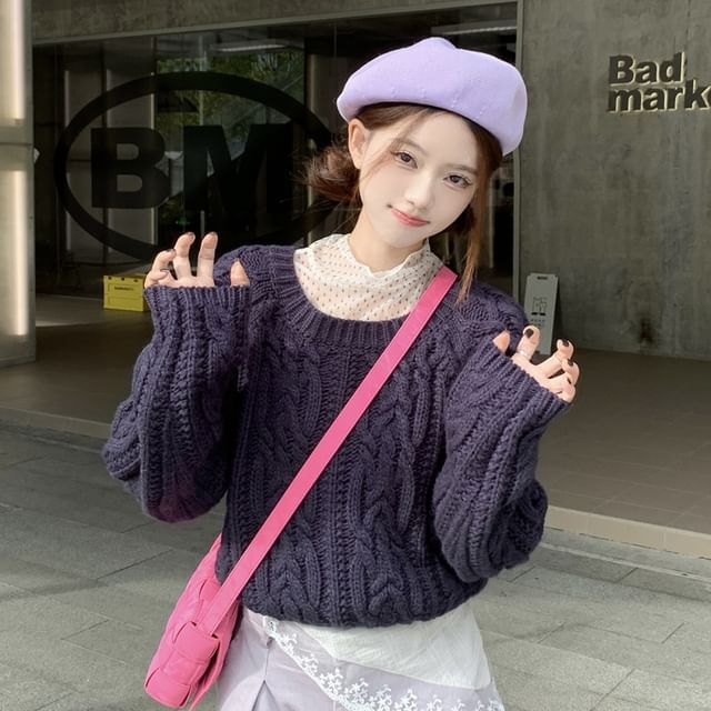 PINPI-Round Neck Plain Cable Knit Sweater