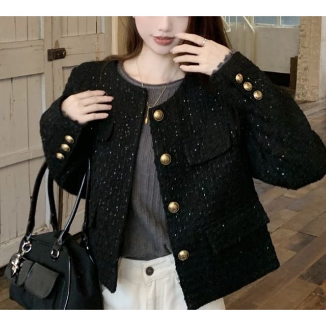 Gilmort-Crewneck Tweed Button-Up Jacket Long-Sleeve Plain Top