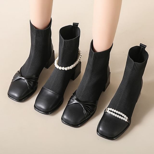 kissinpeas Square Toe Chunky Heel Sock Boots YesStyle