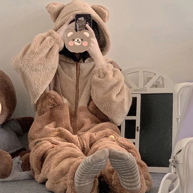 ZeekEd Bear Embroidered Hooded Fleece Pajama Jumpsuit YesStyle