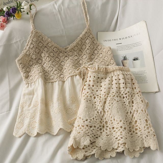 Lemongrass-Set Patchwork Loose Peplum Top Jacquard Shorts