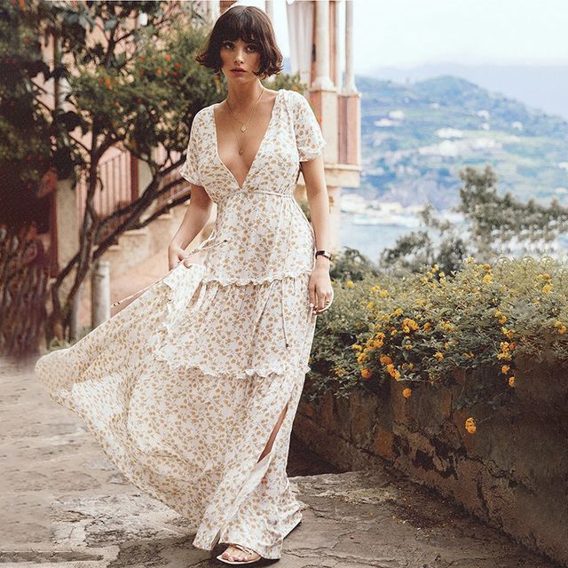 ALISO - Floral Short-Sleeve Maxi Sun Dress | YesStyle