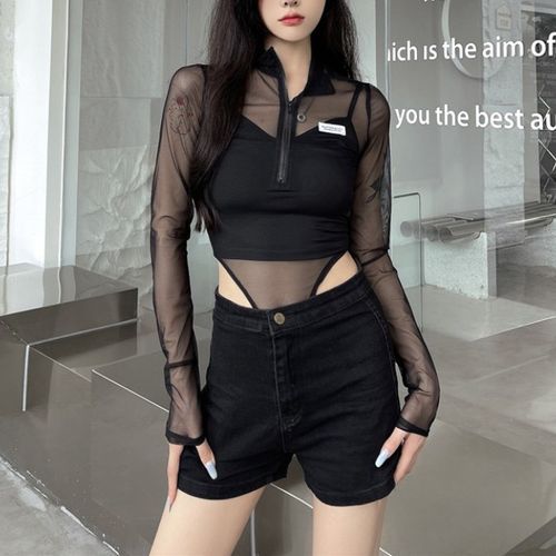 Set: Long-Sleeve Collar Plain Half-Zip Mesh Bodysuit Top + Crop Camisole Top