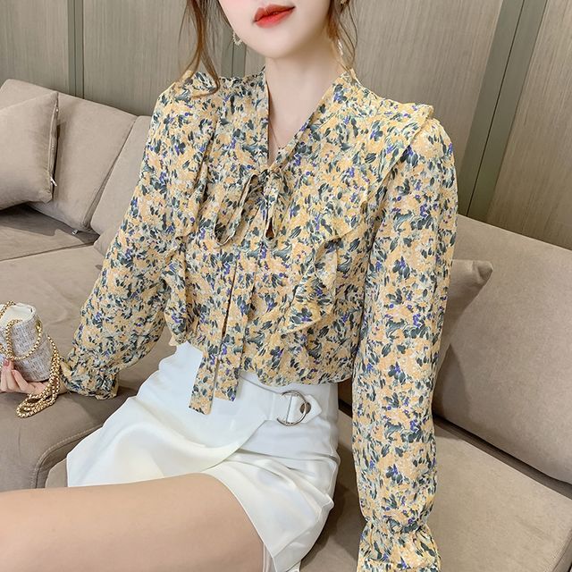 Collared Floral Print Chiffon Blouse