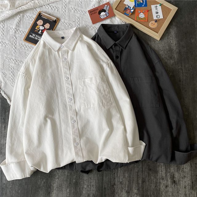 YERGO-Long-Sleeve Collared Plain Shirt