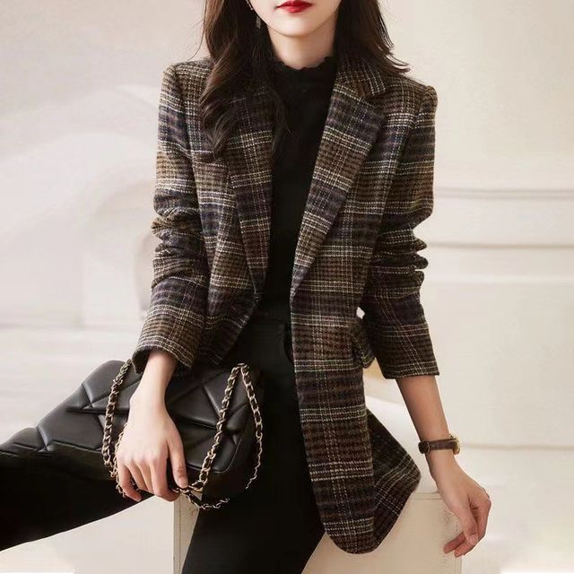 Jeonseon-Plaid One-Buttoned Blazer