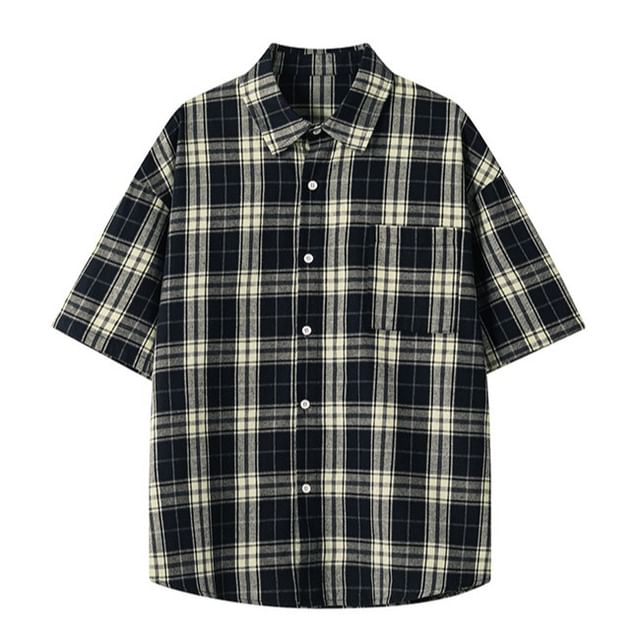 Really Point-Short-Sleeve Plaid Pocket Front Shirt